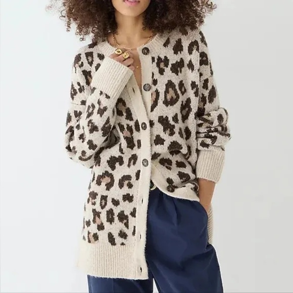 J. Crew Oversized Sweater Cardigan in Leopard Print SzM - Picture 2 of 11